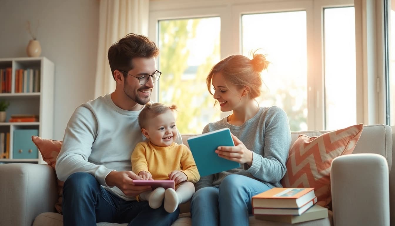Kindererziehung durch liebevolle Interaktionen zwischen Eltern und Kind in einem gemütlichen Wohnzimmer.