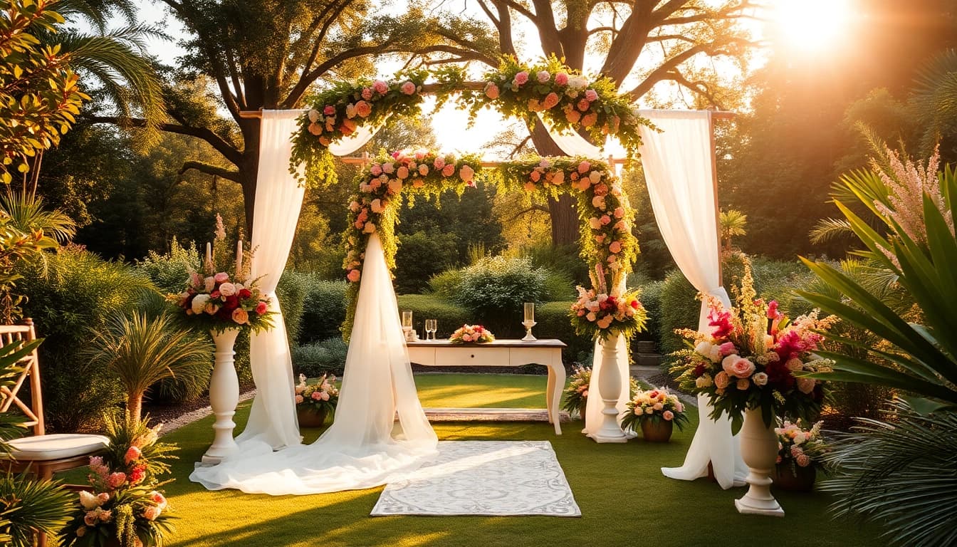 Romantic hochzeitslocation featuring an enchanting garden setup with beautiful floral arrangements.