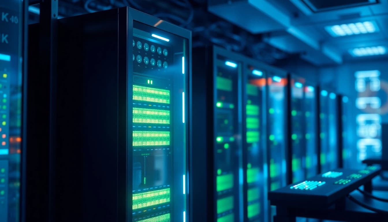 Visualisierung des Windows Server 2025 Standard 64-Bit Version in einem modernen Serverraum mit hochmodernen Servern.