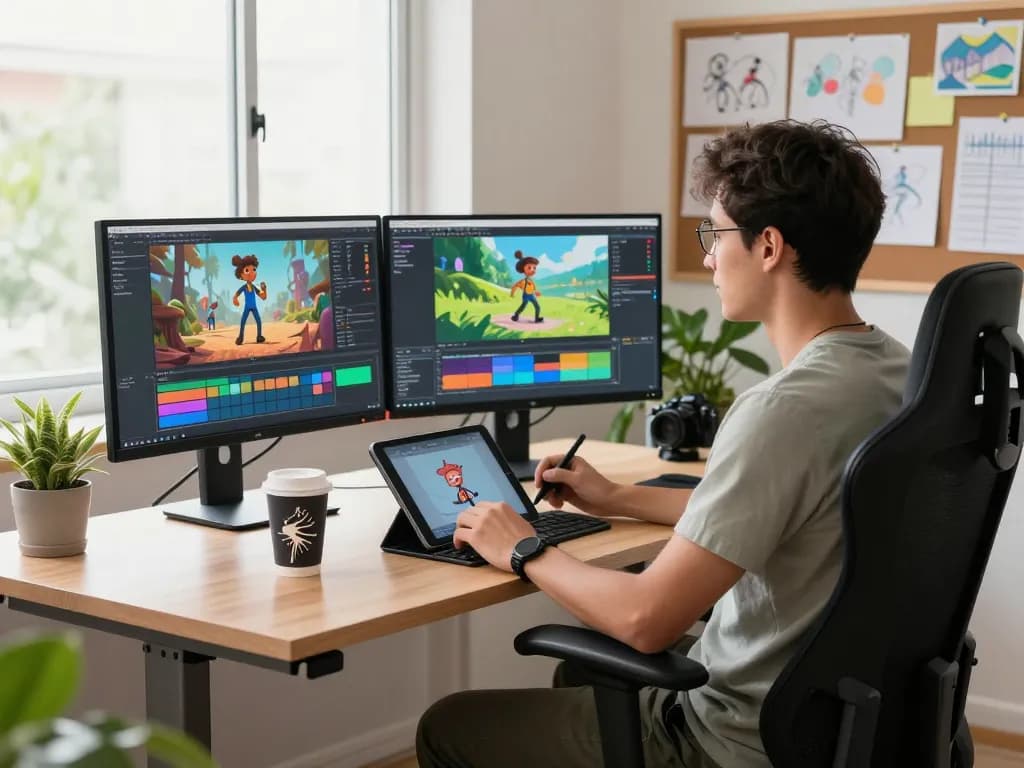 Kling 2.6 motion control workspace showcasing animator utilizing advanced software with vibrant animations and digital tools.
