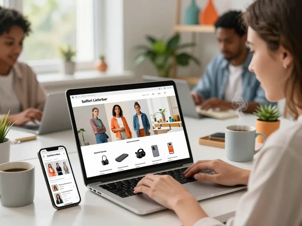 Aufgeregter Käufer erkundet den Sofort Lieferbar-Bereich einer modernen E-Commerce-Website und verbessert das Online-Shopping-Erlebnis.