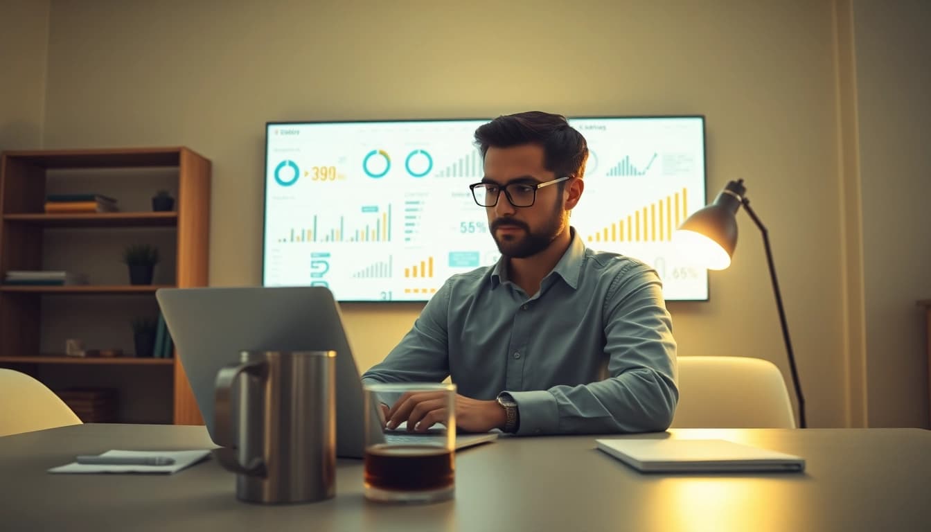 SEO-Ranking-Analyse im modernen Büro mit Diagrammen und Statistiken.
