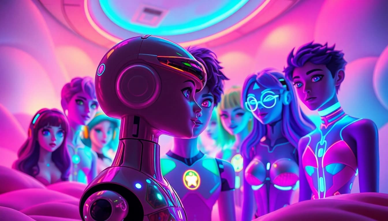 Engaging NSFW AI chat interactions featuring unique digital avatars in a vibrant landscape.