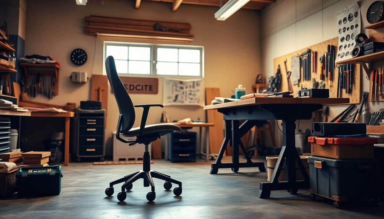 Werkstatthocker am modernen Arbeitsplatz mit Werkzeugen und Materialien.