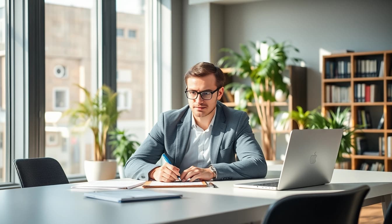 Qualifizierter Headhunter Krefeld bei der Arbeit am Schreibtisch in einem modernen Büro.
