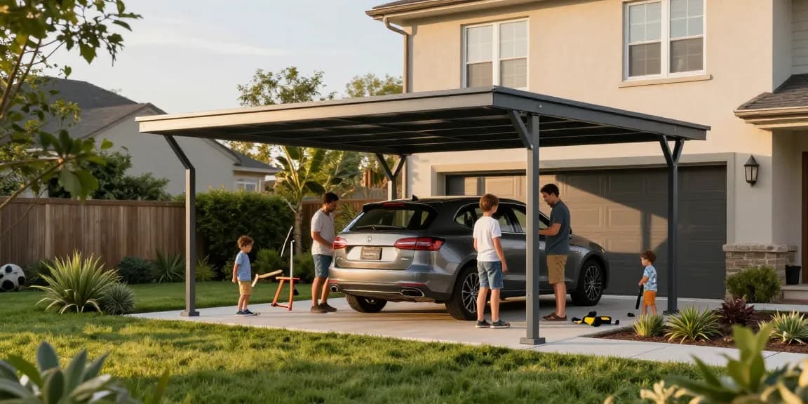 Moderne Carport-Installation schützt Fahrzeuge vor Witterungseinflüssen und schafft eine einladende Atmosphäre.