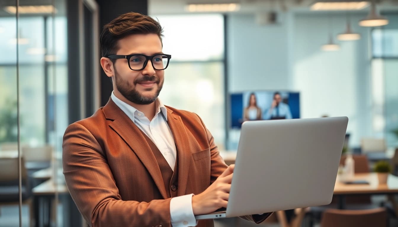 Headhunter IT beim Arbeiten in einem modernen Büro, umgeben von Technologie.