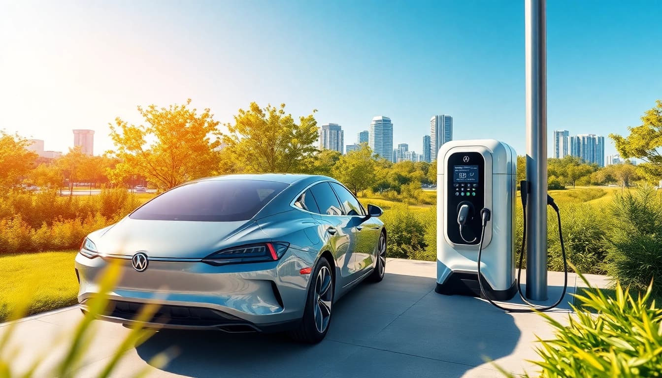 Elektroautos laden an einer modernen Ladestation in einer urbanen Umgebung.