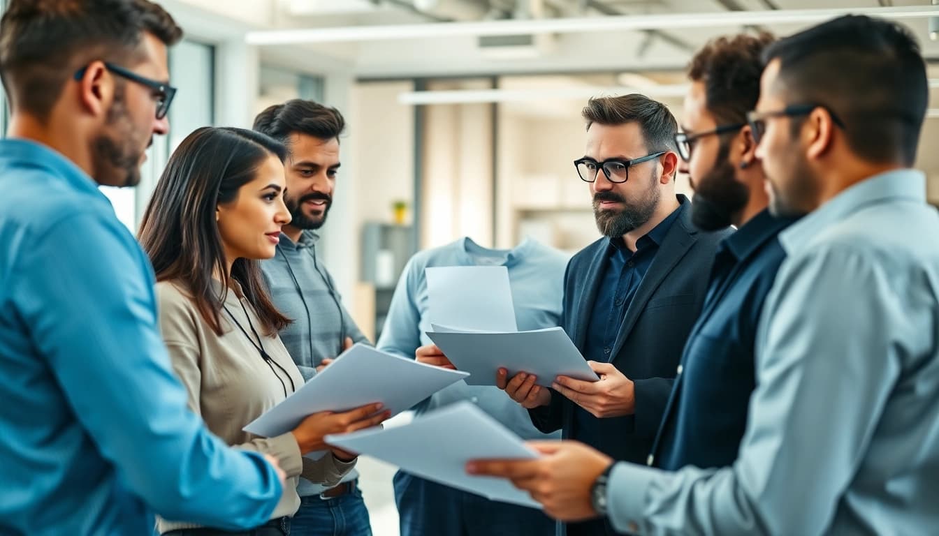 Headhunter Ingenieure im Gespräch mit Ingenieuren in modernem Büro.