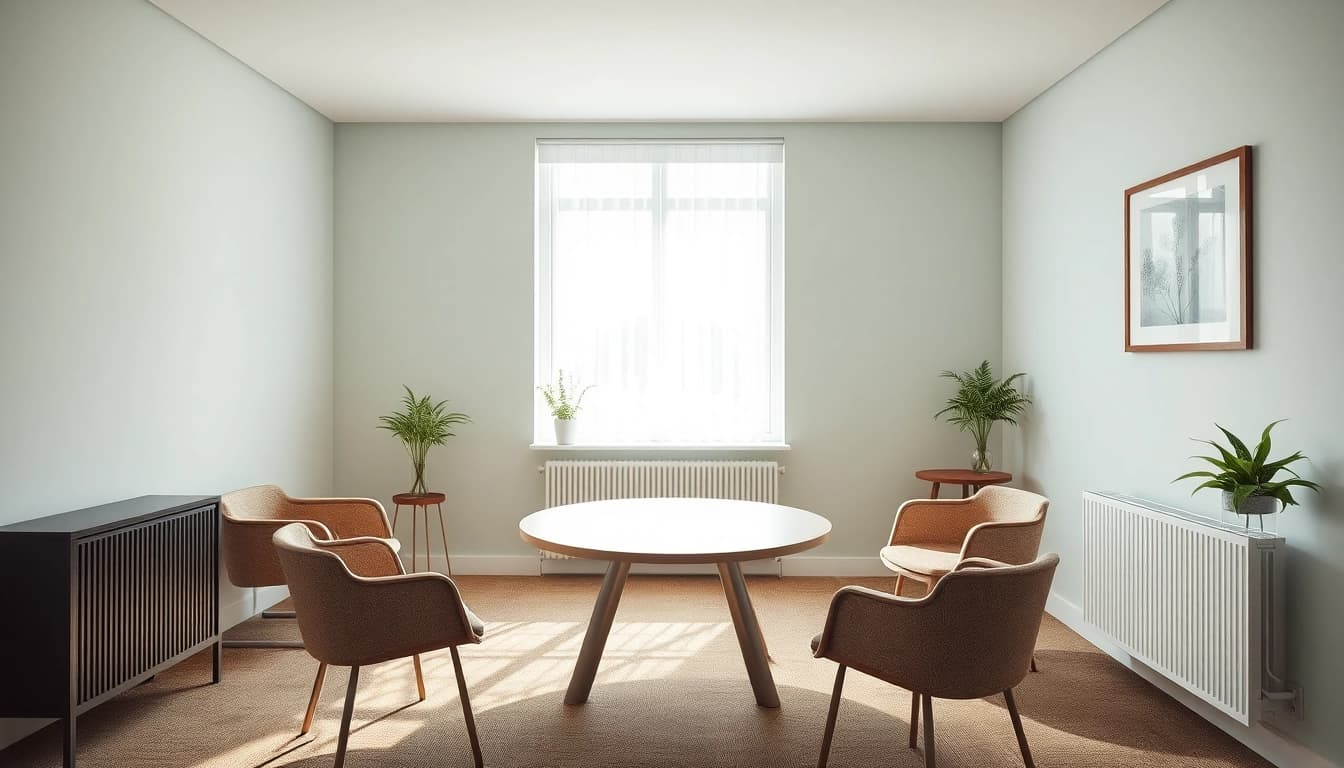 In einem Beratungsraum für pflegeberatung köln sitzen Ratsuchende und Berater an einem Tisch für wichtige Gespräche.