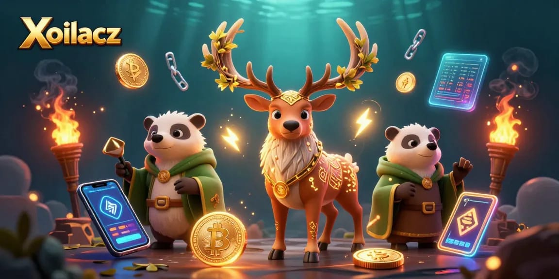 Xoilacz illuminates a vibrant scene showcasing a druid stag with mystical elements in a rich gaming atmosphere.