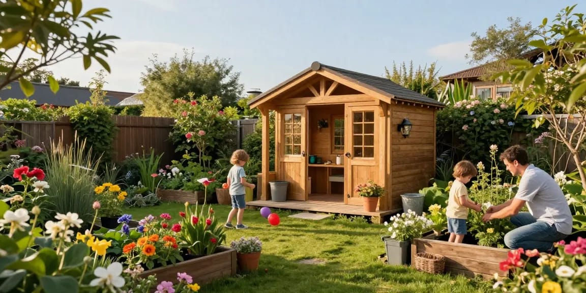 Gartenhäuser in einem schönen Garten mit Familie, die im Freien entspannen und spielen.