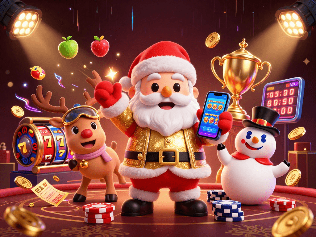 Experience the excitement of the sunwin casino with Santa, his reindeer, and a snowman surrounded by vibrant slot symbols.