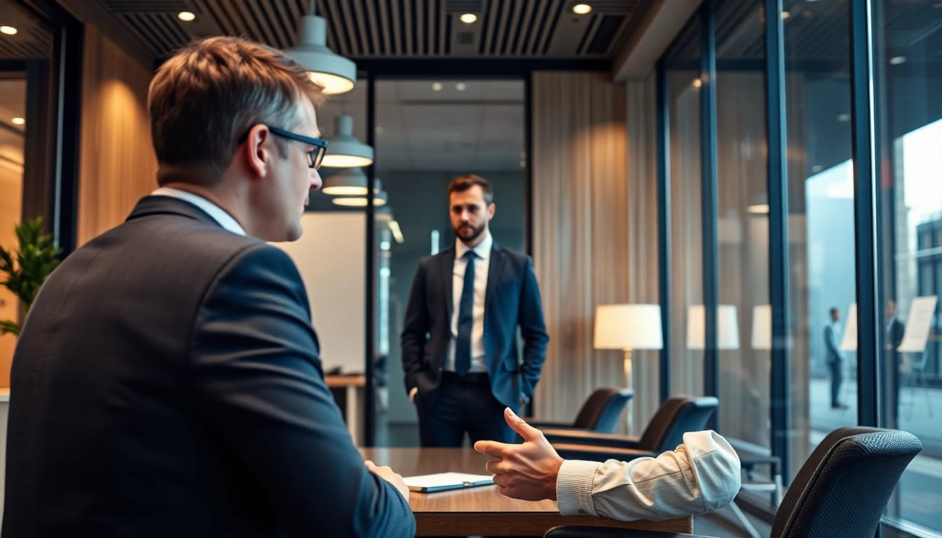 Headhunter Essen im Gespräch mit einem Klienten in einem modernen Büro.