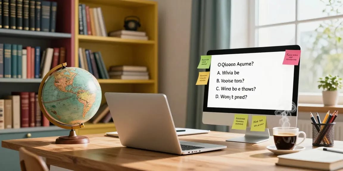 Quiz Allgemeinwissen interactive scene in a cozy study with books and a laptop.
