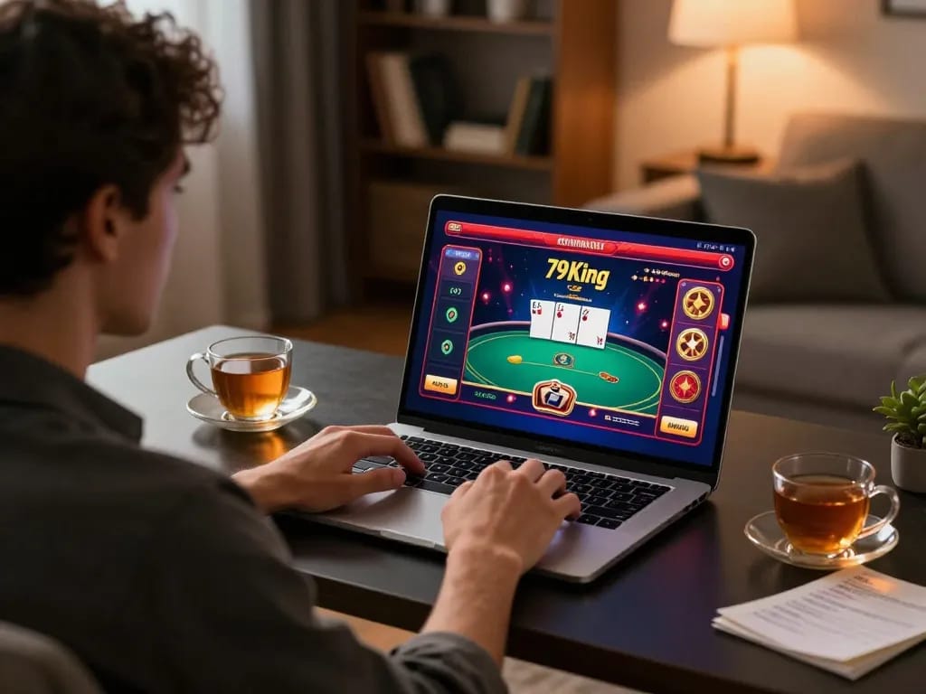 Player enjoying a thrilling poker game on the 79King platform from a cozy home office setup.