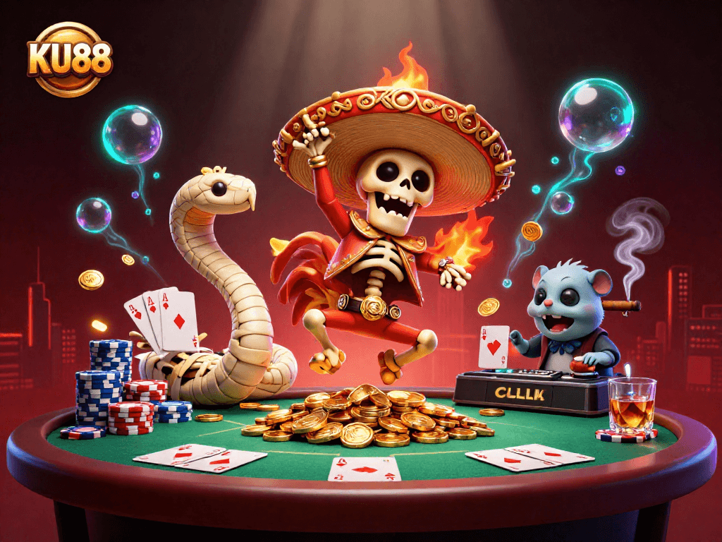 Celebrate big wins with KU88's exciting gaming scene featuring vibrant characters and poker elements.