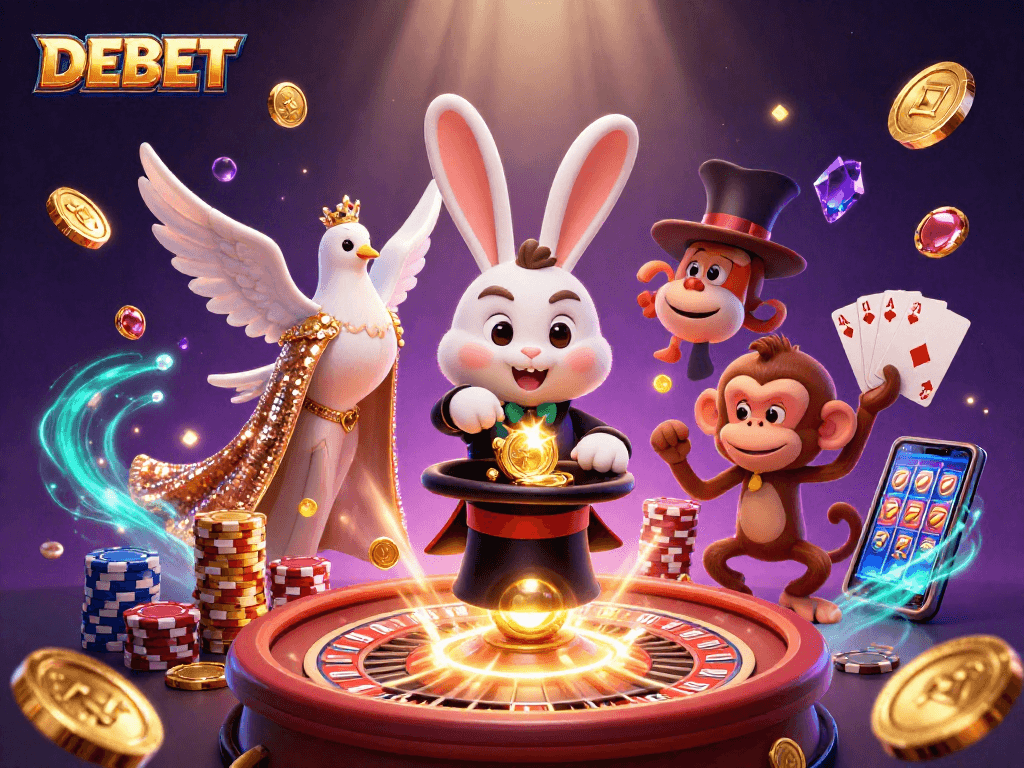 DEBET showcases a fortune-filled scene with a magician rabbit, dove, and mischievous monkey surrounded by casino elements.