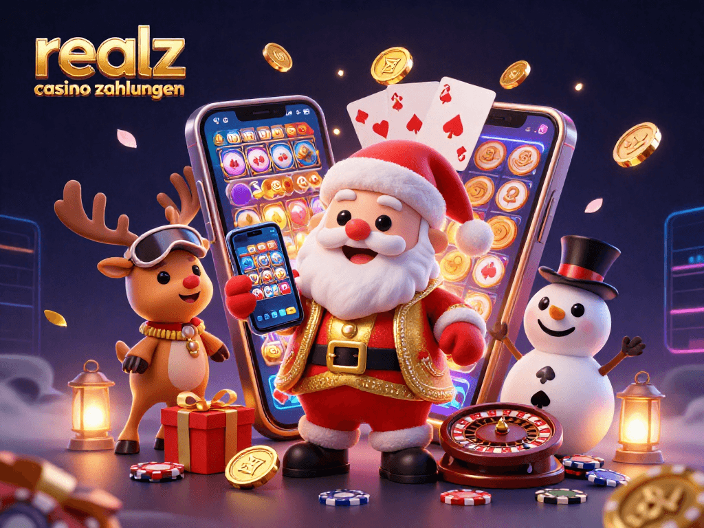 Erlebe die realz casino zahlungen mit einem 3D-Weihnachtsmann, der einen Jackpot-Slot zeigt und von einem Rentier sowie einem Schneemann begleitet wird.