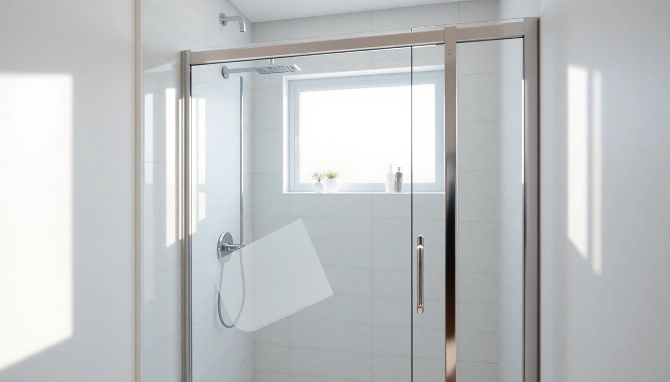 Duschkabine 100x100 Pendeltür in modernem Badezimmer darstellt.