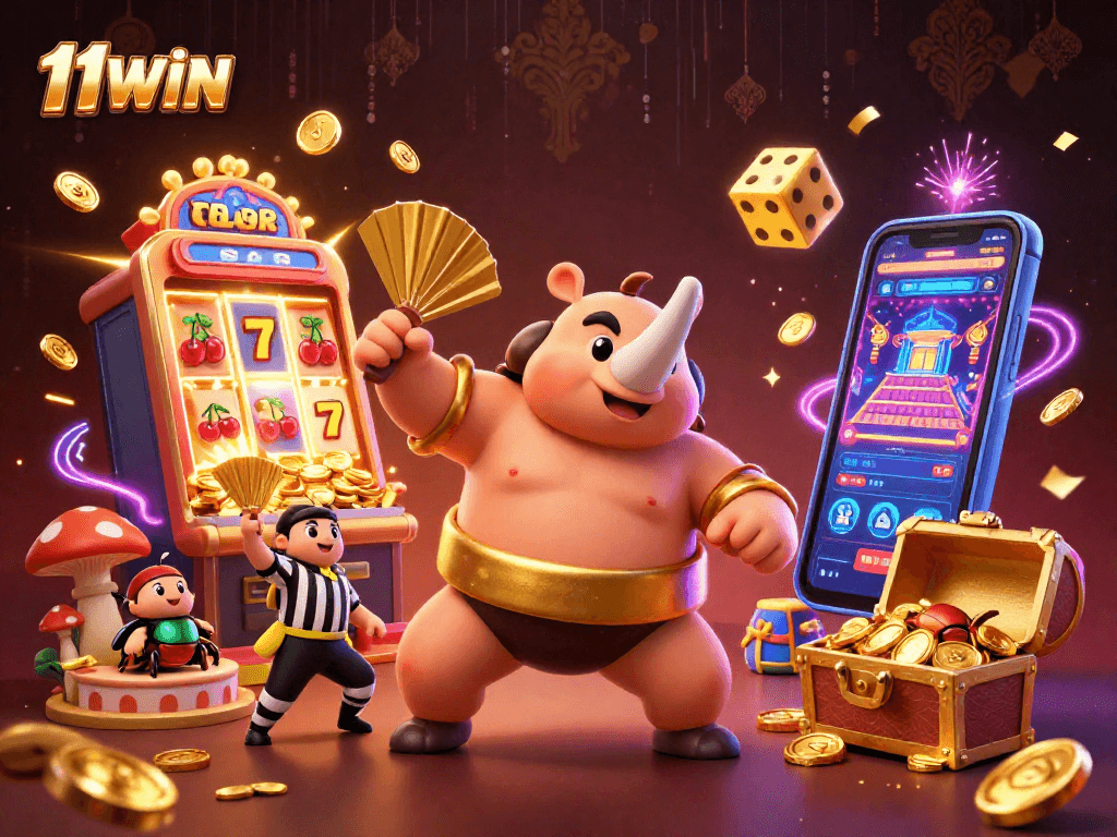 Experience thrilling action at 11WIN with an exciting casino jackpot explosion and vibrant characters.