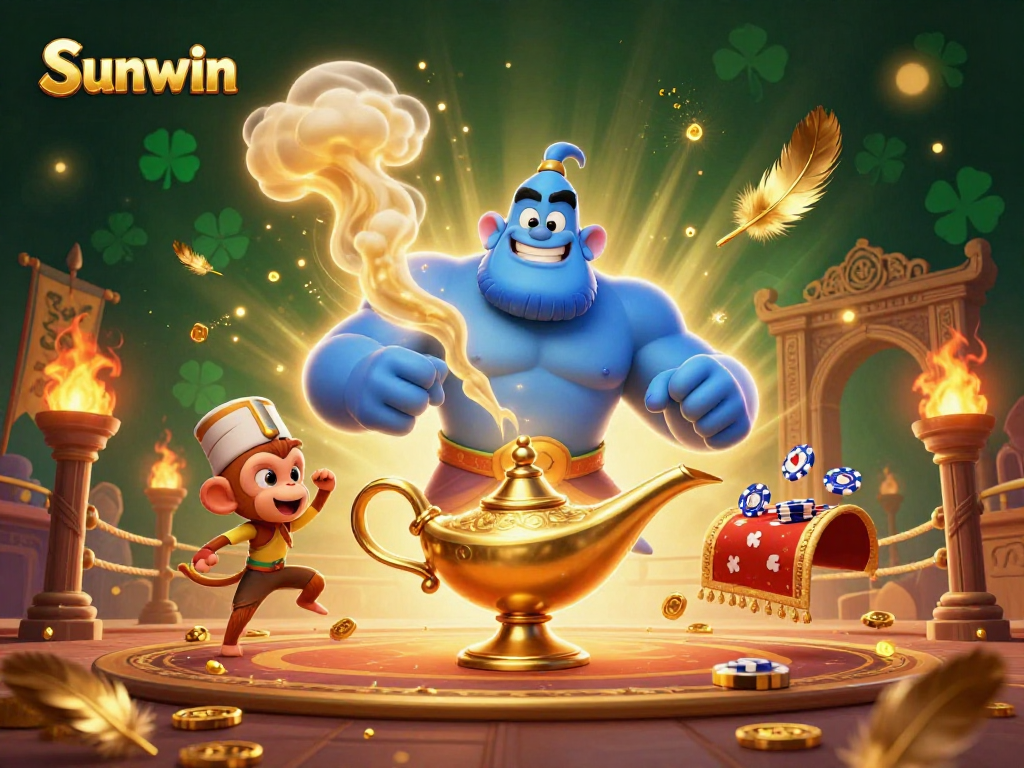 Experience the magic of Sunwin with a vibrant 3D illustration of a genie and poker chips.