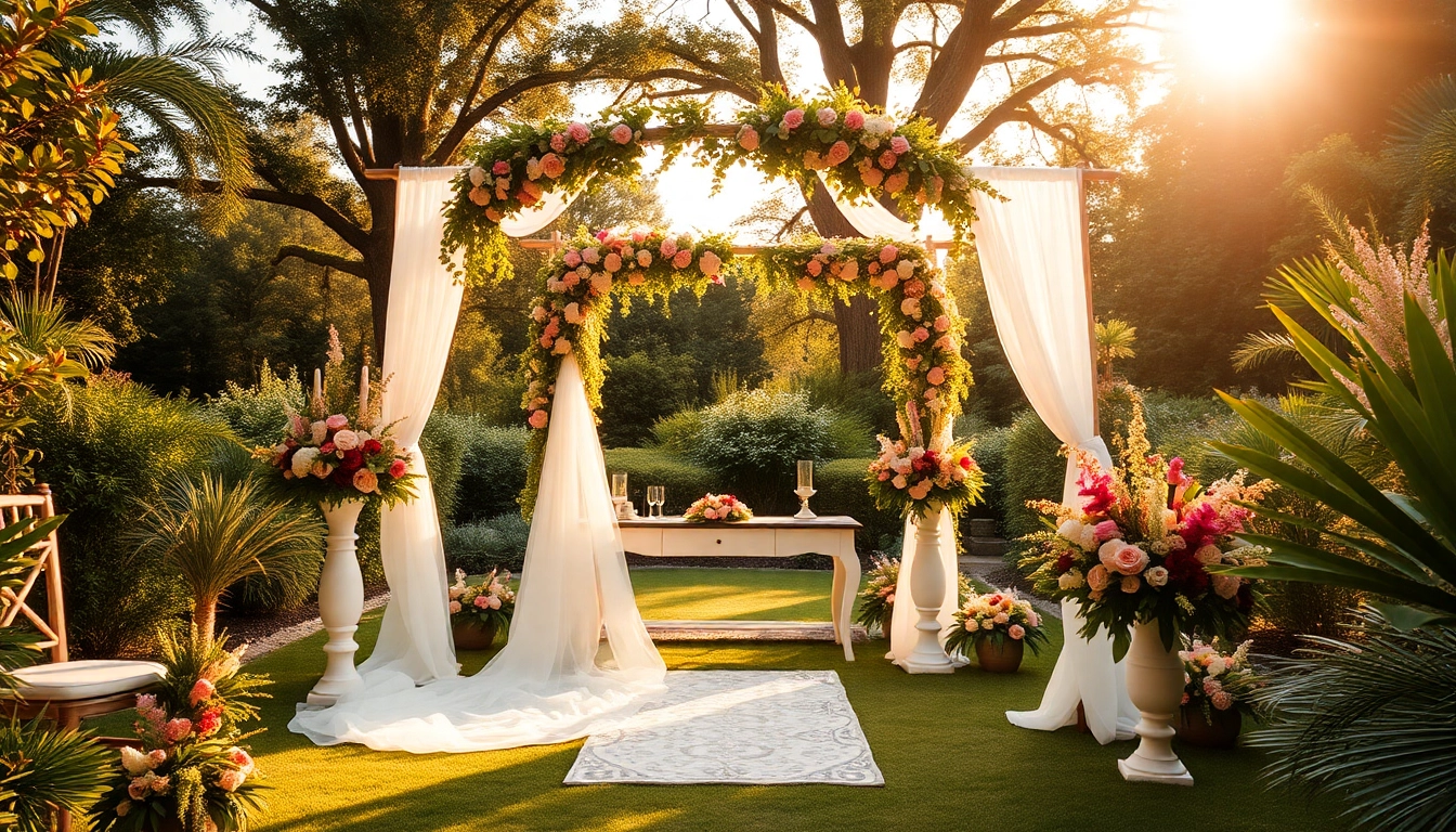 Romantic hochzeitslocation featuring an enchanting garden setup with beautiful floral arrangements.
