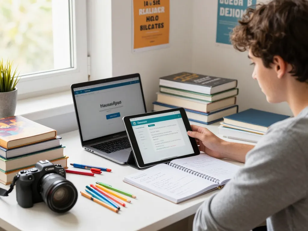 Student nutzt eine Hausaufgaben Scanner-App auf einem Tablet in einem lebhaften Studienraum.