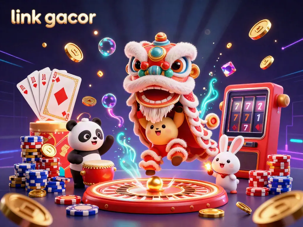 Experience the excitement of link gacor with a vibrant 3D casino scene featuring a lion dance, panda, and rabbit.