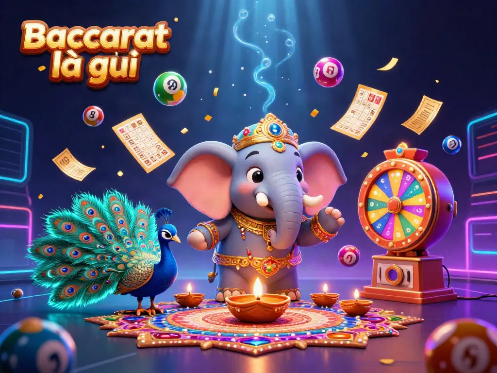 Baccarat là gì illustrated with a 3D cartoon elephant and peacock, embodying casino excitement.