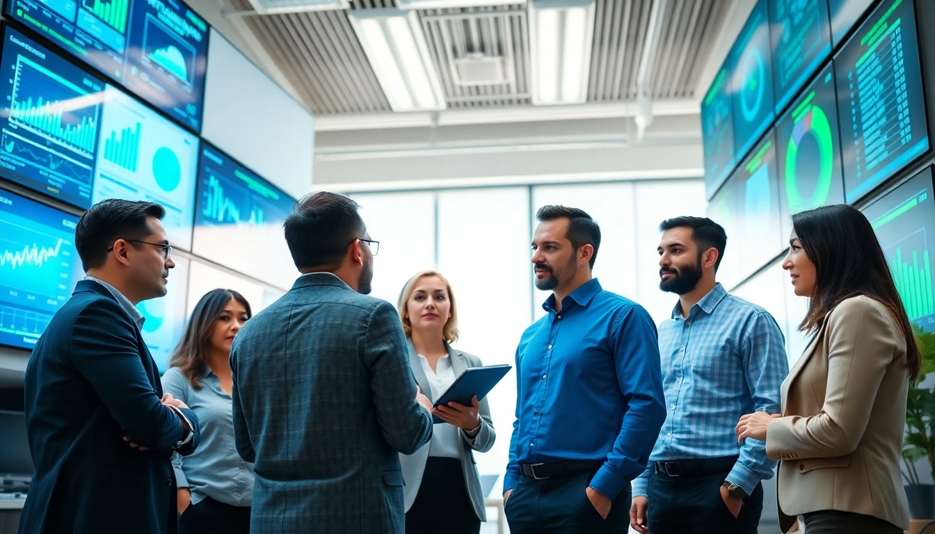 IT Consulting team exchanging ideas in a futuristic office setting.