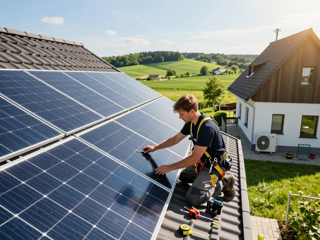 Photovoltaik Bayern Installation mit Techniker, der Solarpanele auf einem bayerischen Zuhause anbringt.