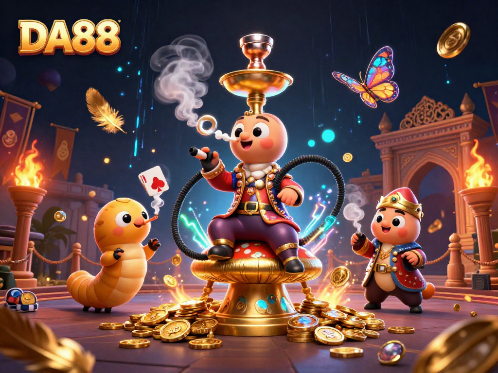 DA88 casino illustrates a caterpillar hookah-master creating poker hand smoke rings amidst dynamic gaming elements.