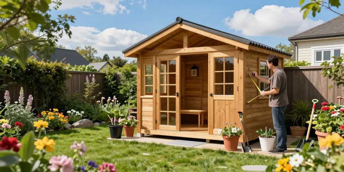 Gartenhaus kaufen: Attraktives Holz-Gartenhaus im schönen Garten mit blühenden Pflanzen.