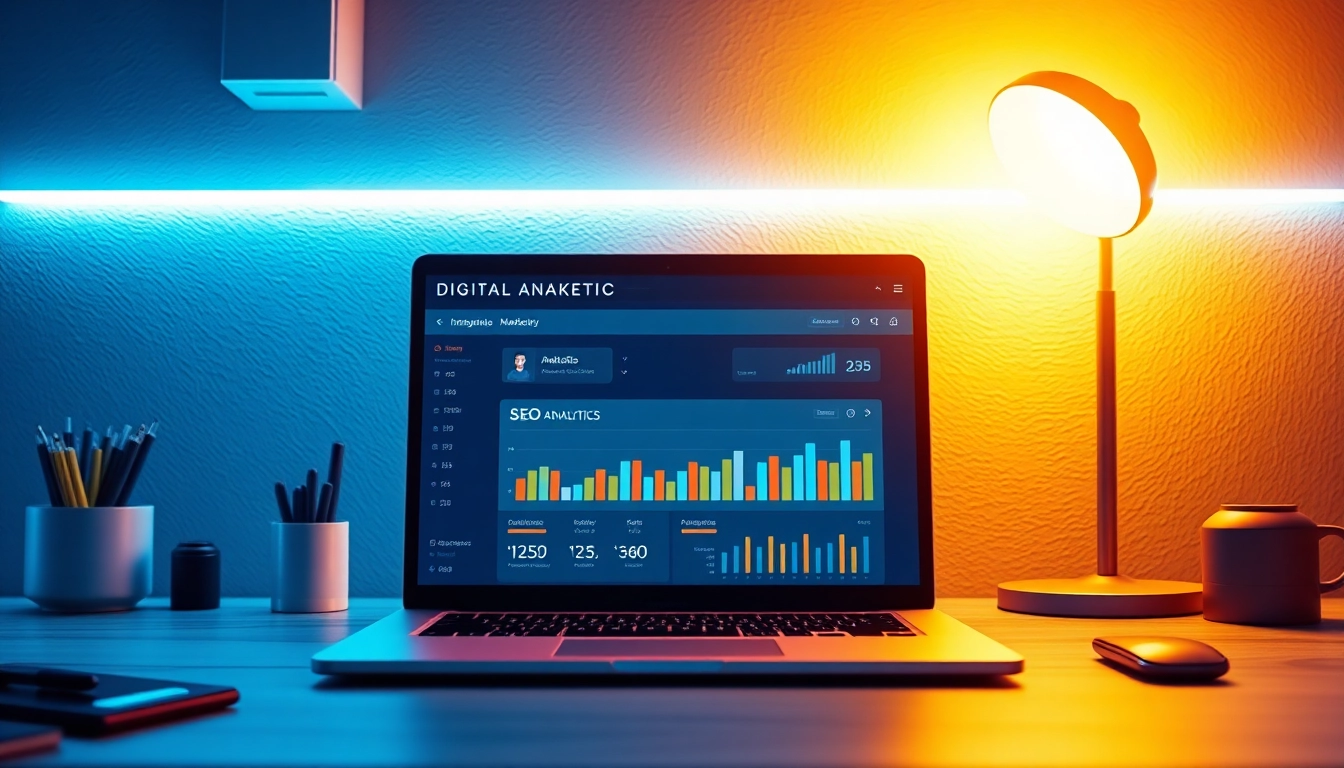Analyze SEO.my strategies with a detailed digital marketing setup featuring data visuals and analytics tools.