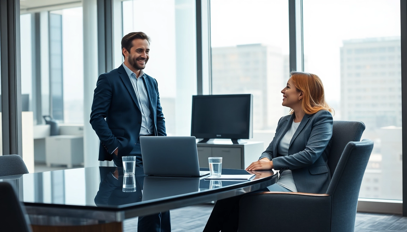 Headhunter Finance in einem modernen Büro zeigt einen sicheren Dialog mit einem Kandidaten.