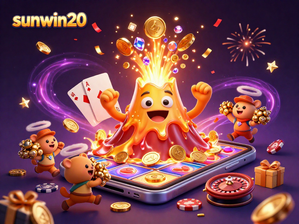 Experience thrilling wins at sunwin20 with an illustration of a golden volcano erupting treasure amidst a colorful casino environment.