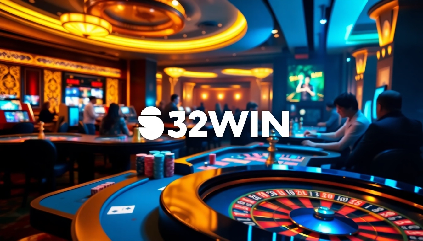 Engaging players enjoying games at 32WIN casino tables, radiating excitement and luxury.