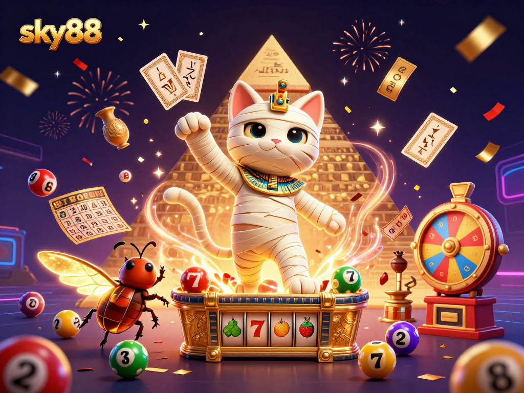 Experience the thrill of sky88 with colorful slots, vibrant winnings, and a joyous celebrating scene.