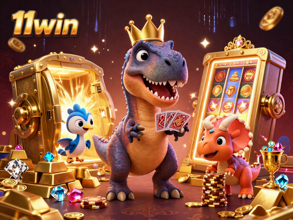 Engage in thrilling gameplay at 11win with a vibrant casino scene featuring friendly characters.