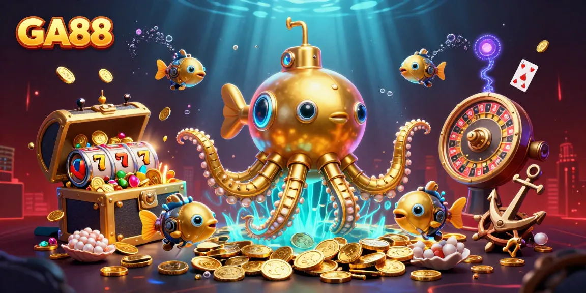 Experience GA88's thrilling underwater casino adventure with a golden kraken submarine and vibrant game elements.