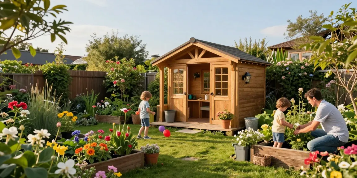 Gartenhäuser in einem schönen Garten mit Familie, die im Freien entspannen und spielen.