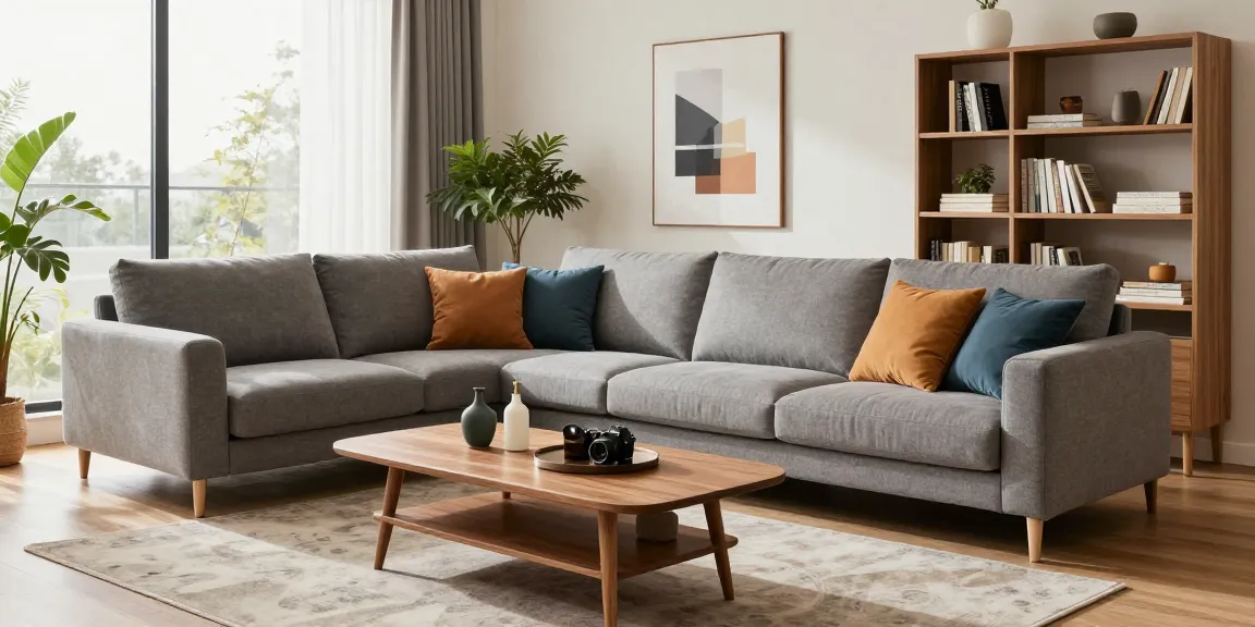 Stylisches modernes Wohnzimmer mit Sectionals, bunten Kissen und eleganter Dekoration für Möbel kaufen.