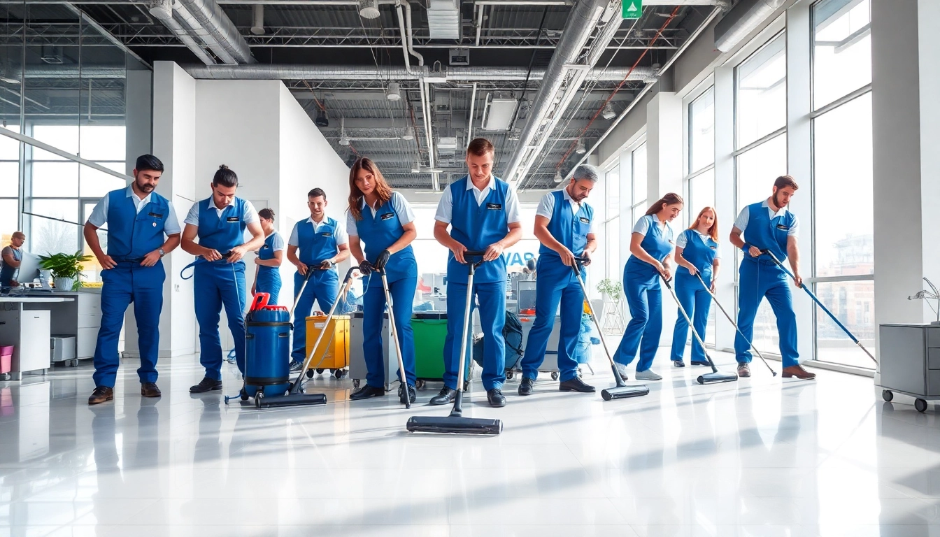 Efficient Gebäudereinigung Ulm team cleaning a bright office space with modern equipment.