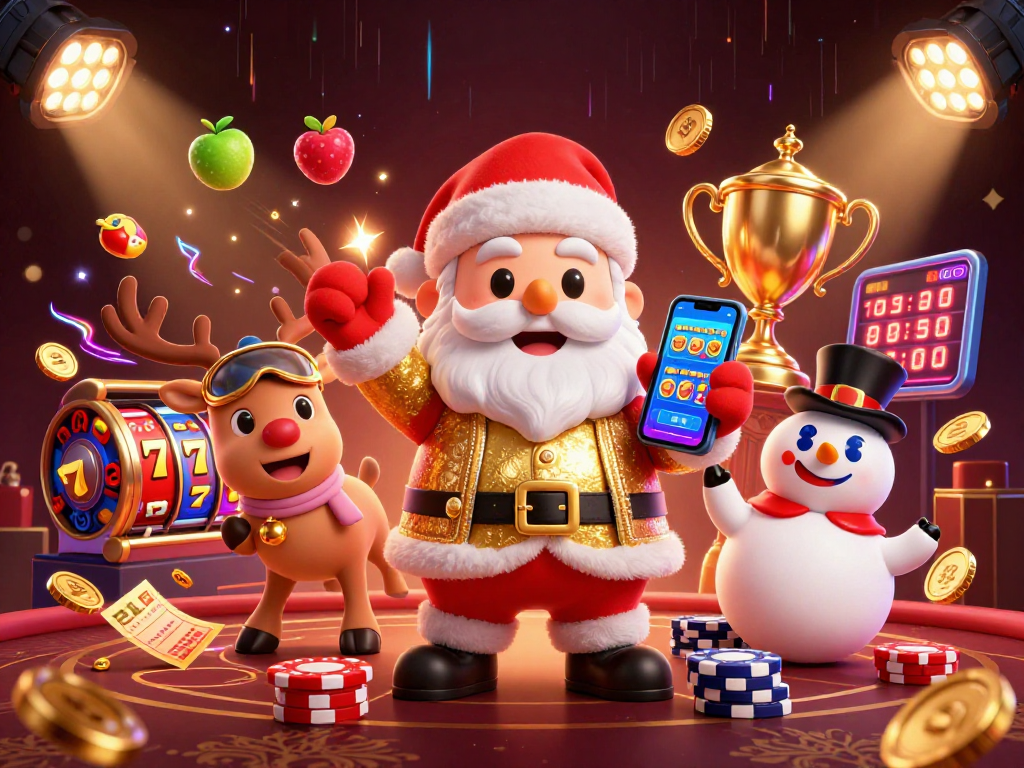 Experience the excitement of the sunwin casino with Santa, his reindeer, and a snowman surrounded by vibrant slot symbols.