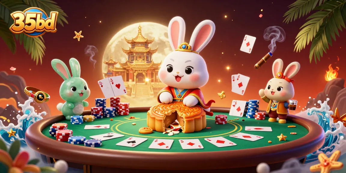 35bd's moon rabbit showcases poker chips in a vibrant lunar casino scene filled with games.