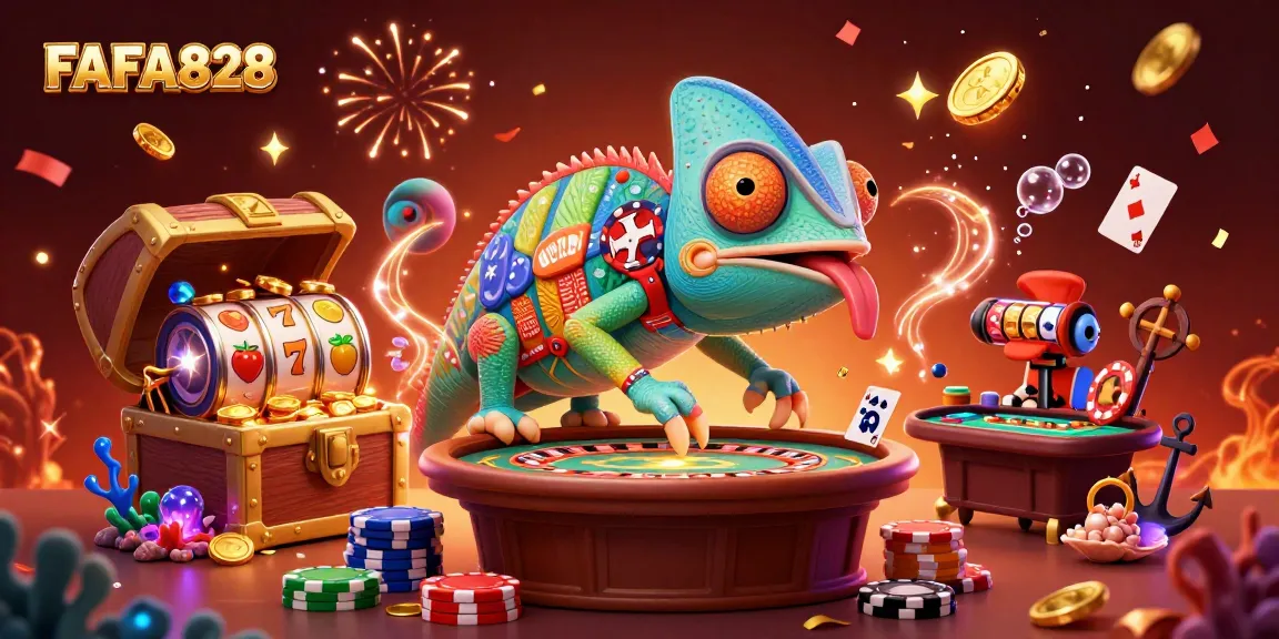 FAFA828 showcases an exciting casino scene where a quirky chameleon captures the thrill of spinning slots, gold coins flying.