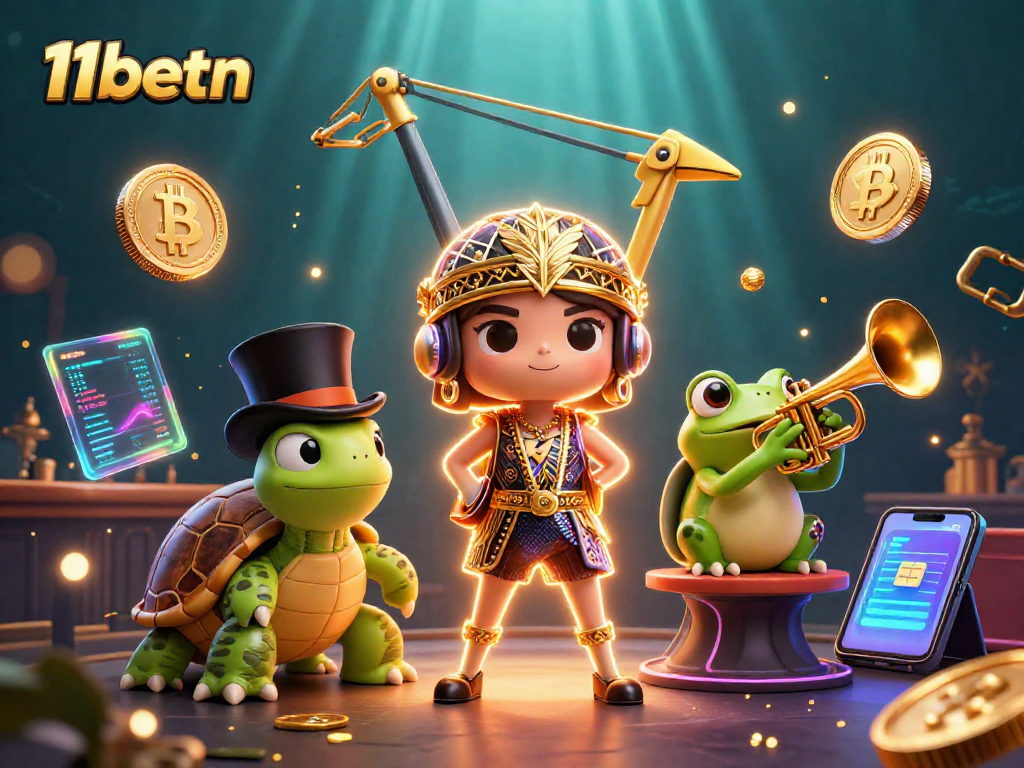 Bet on vibrant gaming outcomes with 11betn at the engaging casino scene depicting dynamic characters and cryptocurrency elements.
