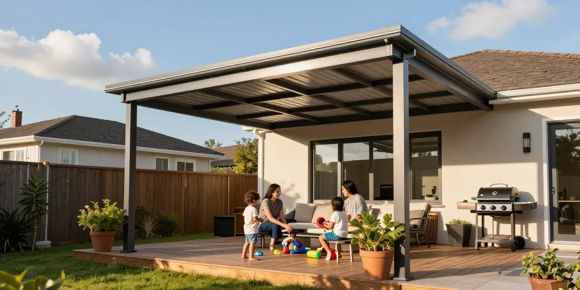 Gemütliche Terrassenüberdachung mit Familie im Garten, ideale Lösung für entspanntes Leben im Freien.