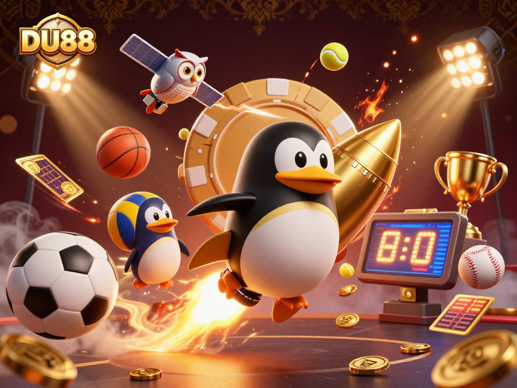 Experience DU88 with a dynamic 3D scene of a golden penguin and casino elements.